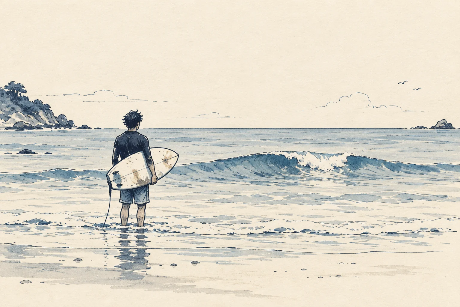 Ink and watercolor illustration of a person holding a surfboard while looking toward a small wave